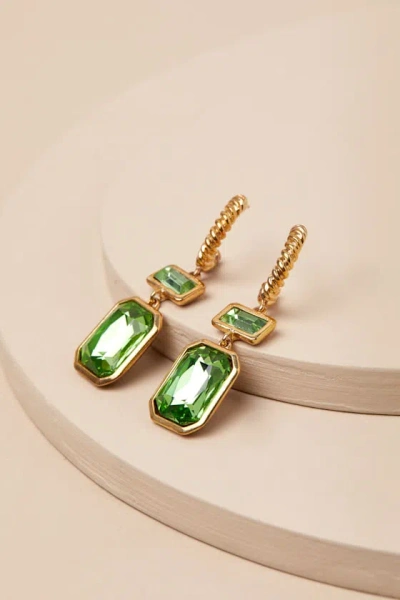 Lulus Koto Gold And Green Rhinestone Hoop Drop Earrings