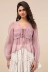 Lulus Kyler Mauve Sheer Tie-front Long Sleeve Top In Mauve