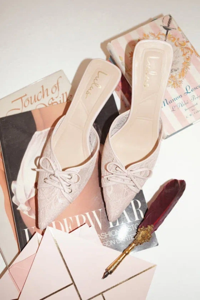Lulus Lacey Blush Lace Bow Kitten Heel Mule Pumps In Pink
