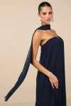 Lulus Lael Navy Pleated Strapless Dress And Scarf Set