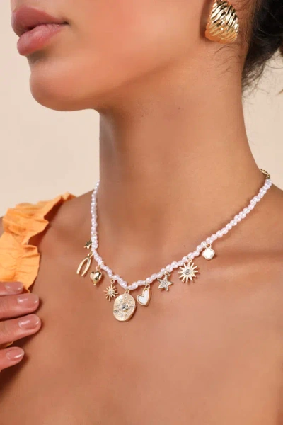 Lulus Laeta Gold And White Pearl Charm Necklace