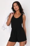 Lulus Laid-back Luck Black Ribbed Knit Drawstring Lounge Romper In Black