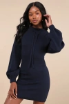 Lulus Laidback Moments Navy Blue Hooded Sweater Mini Dress In Navy Blue