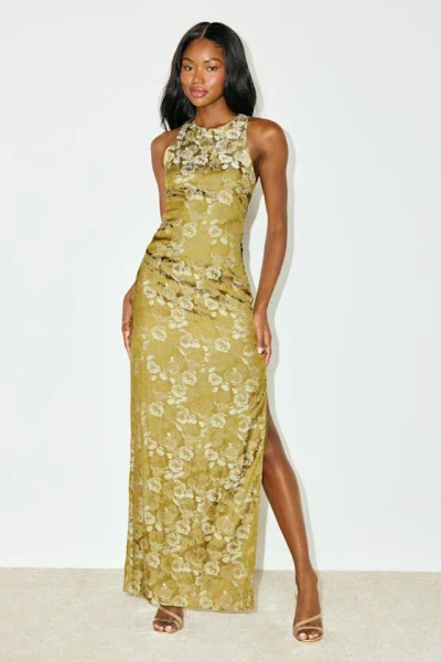 Lulus Lamila Chartreuse Floral Satin Column Maxi Dress In Green