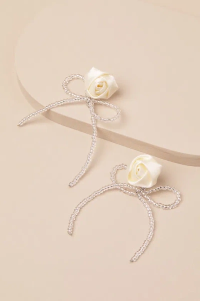 Lulus Lanney Ivory Rosette Beaded Bow Earrings In Metallic