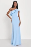 Lulus Last Forever Powder Blue One-shoulder Ruffle Maxi Dress In Powder Blue