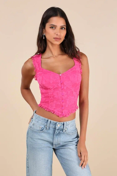 Lulus Lasting Cuteness Hot Pink Lace Ruffled Button-front Crop Top