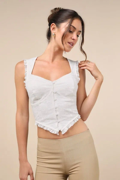 Lulus Lasting Cuteness Ivory Lace Ruffled Button-front Crop Top