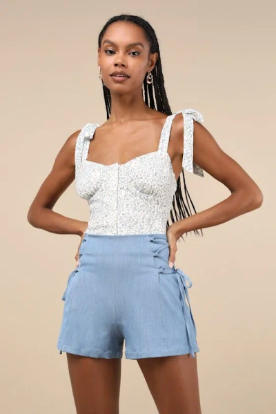 Lulus Lasting Fun Blue Chambray Lace-up High Rise Shorts