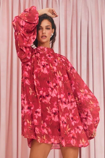 Lulus Lata Red Floral Mock Neck Belted Mini Dress In Pink