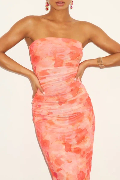 Lulus Late Night Crush Orange Multi Mesh Ruched Strapless Midi Dress