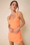 Lulus Latest Crush Orange Sleeveless Backless Skort Romper In Orange