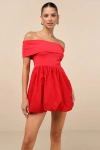 Lulus Launi Red Mixed Media Off-the-shoulder Mini Dress In Red