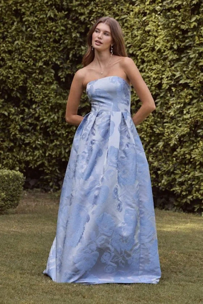 Lulus Laurelin Slate Blue Floral Jacquard Pleated Strapless Maxi Dress