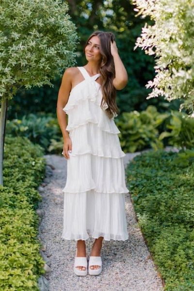 Lulus Lauretta Ivory Plisse Tiered Midi Dress In White