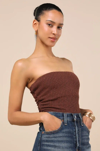 Lulus Lautaro Brown Ribbed Strapless Crop Top