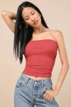 Lulus Lautaro Rust Ribbed Strapless Crop Top In Red