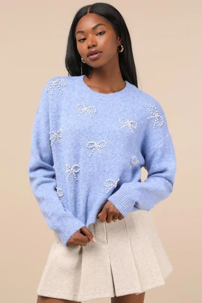 Lulus Lavish Coziness Blue Pearl Bow Pullover Sweater
