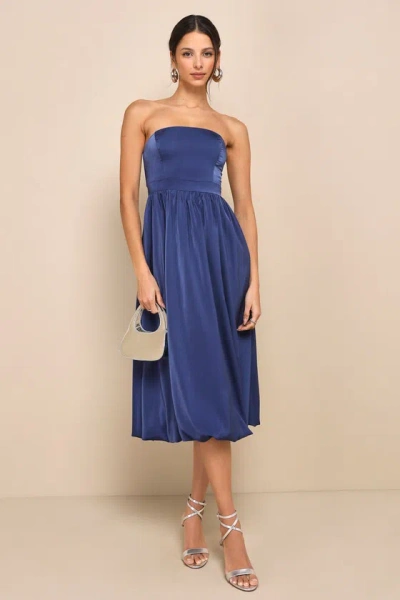 Lulus Lavish Elegance Navy Blue Satin Strapless Bubble-hem Midi Dress