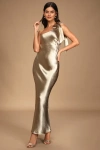 Lulus Lavish Looks Gold Satin One-shoulder Tie-strap Maxi Dress In Gold
