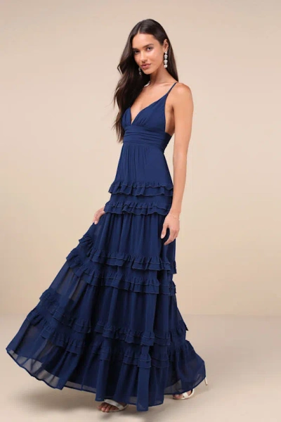 Lulus Lavish Perfection Navy Blue Ruffled Tiered Maxi Dress