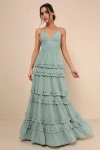 Lulus Lavish Perfection Sage Green Ruffled Tiered Maxi Dress In Sage Green