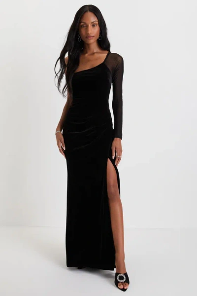 Lulus Lavish Style Black Velvet Mesh One-shoulder Tulip Maxi Dress