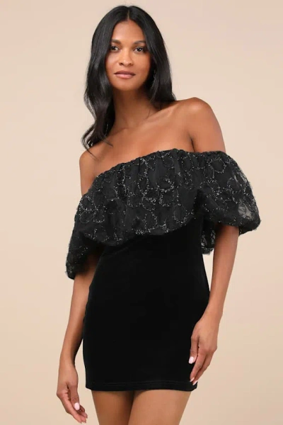 Lulus Lavishly Adored Black Tulle Velvet Off-the-shoulder Mini Dress
