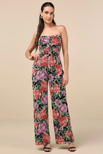 Lulus Layka Black Multi Floral Mesh Wide-leg Jumpsuit