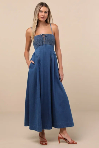 Lulus Laylie Medium Wash Denim Lace-up Midi Dress