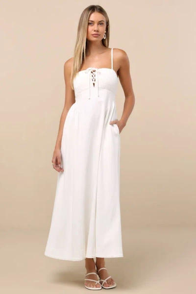 Lulus Laylie White Denim Lace-up Midi Dress
