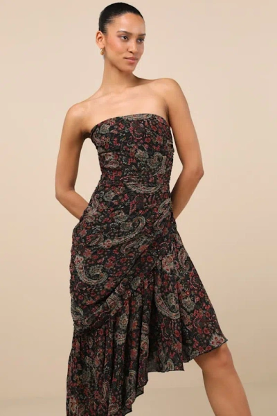 Lulus Leena Black Multi Paisley Asymmetrical Midi Dress