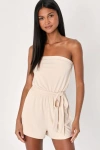 Lulus Leisurely Moments Beige Ribbed Knit Strapless Lounge Romper In Beige