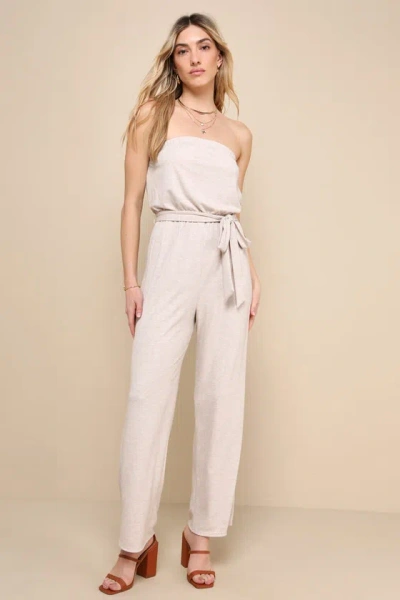 Lulus Leisurely Moments Heather Beige Ribbed Strapless Lounge Jumpsuit