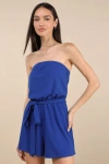 Lulus Leisurely Moments Royal Blue Ribbed Knit Strapless Lounge Romper In Blue