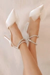 Lulus Lelanee White Satin Rhinestone Bow Ankle Strap Pumps In White
