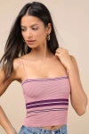 Lulus Lenore Mauve And Burgundy Striped Ribbed Crop Top In Burgundy