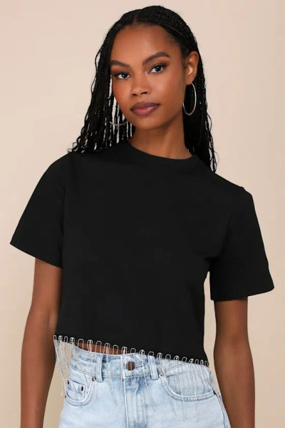Lulus Let's Party Black Rhinestone Fringe Cropped Tee