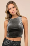 Lulus Let's Tie It Dark Grey Velvet Tie-back Cropped Tank Top In Dark Grey