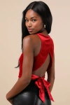 Lulus Let's Tie It Red Velvet Tie-back Cropped Tank Top In Red