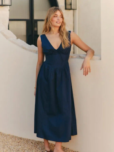 Lulus Lettie Navy Poplin Plunge Neck Midi Dress In Blue