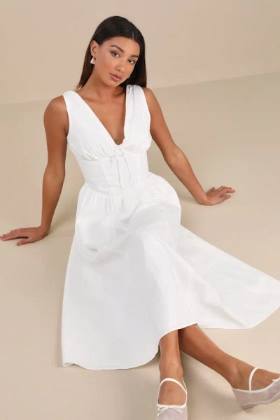 Lulus Lettie White Poplin Plunge Neck Midi Dress