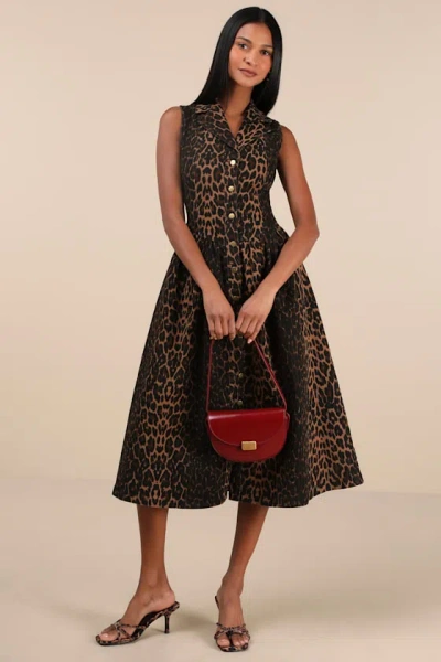 Lulus Levon Brown Leopard Print Denim Button-front Midi Dress
