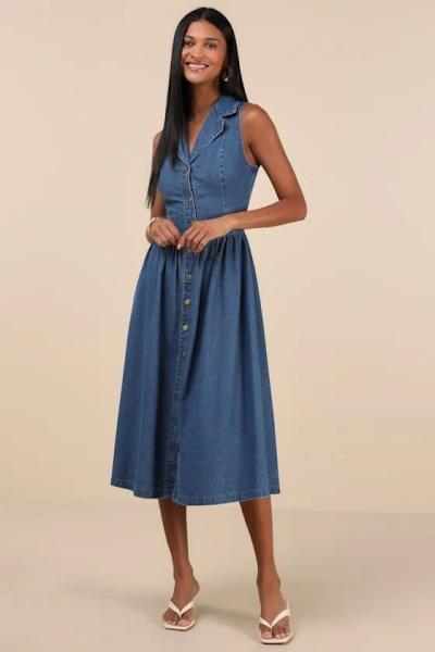 Lulus Levon Medium Wash Denim Button-front Midi Dress In Blue