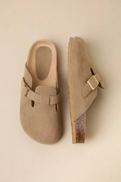 Lulus Levy Taupe Suede Buckle Slip-on Clogs