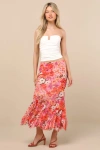 Lulus Lilika Orange Multi Floral Mesh Ruffled Midi Skirt