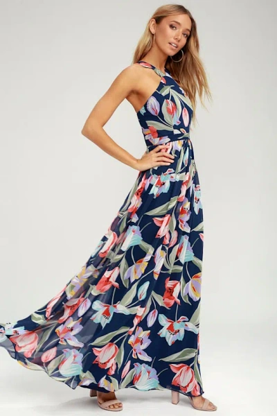 Lulus Lilja Navy Blue Floral Print Maxi Dress In Multi
