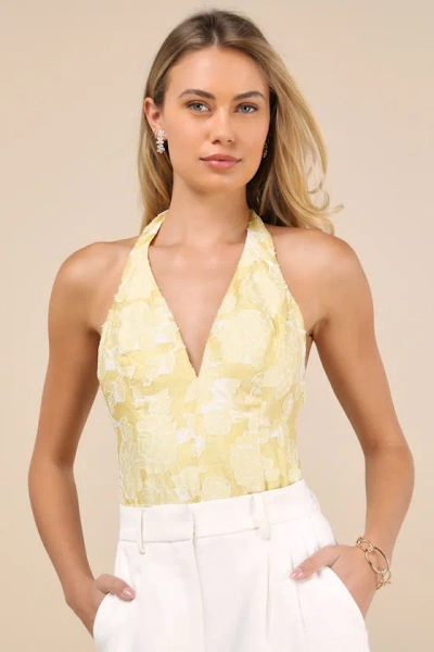 Lulus Lilou Yellow Jacquard Halter Bodysuit