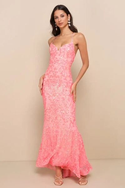 Lulus Limitless Glamour Coral Pink Sequin Lace-up Maxi Dress