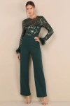 Lulus Limitless Radiance Green Sequin Feather Long Sleeve Jumpsuit In Green
